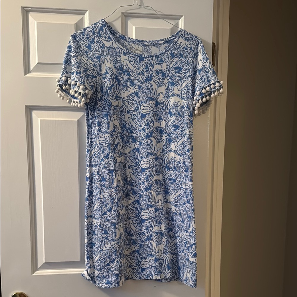 Lilly Pulitzer Blue and White Patterned Dress with Pom Pom Sleeves